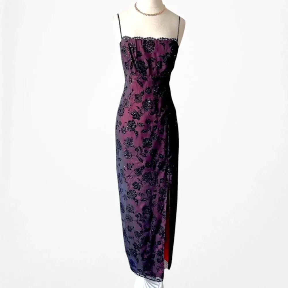 Vintage Y2K Burgundy Red Floral Velvet Side Slit Mesh Bodycon Maxi Prom Dress M